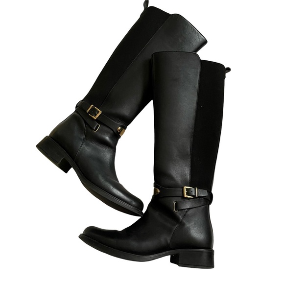 GILLIO Black Leather High Knee Boots with Gold Zipper. Size 5 - Picture 1 of 11
